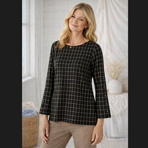 J. Jill Ponte Tunic XLP Petite Black Camel Windowpane Plaid Button Sleeves NWT